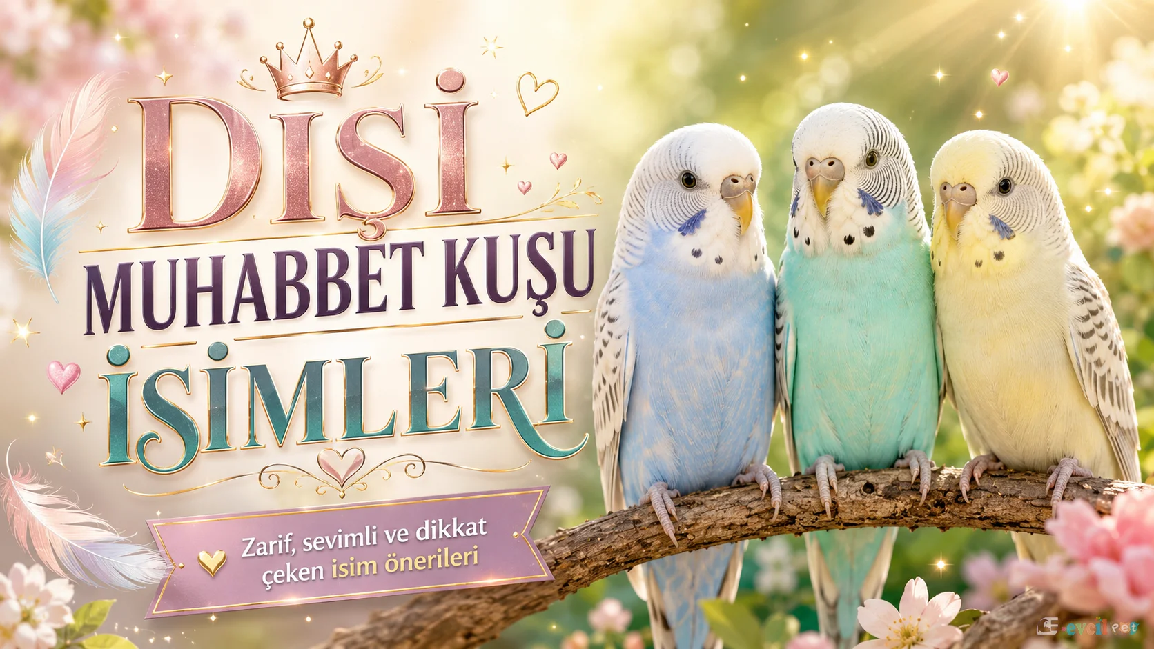 Dişi muhabbet kuşu isimleri için hazırlanmış, pastel tonlarda üç sevimli muhabbet kuşunun yer aldığı zarif ve dikkat çekici blog görseli.