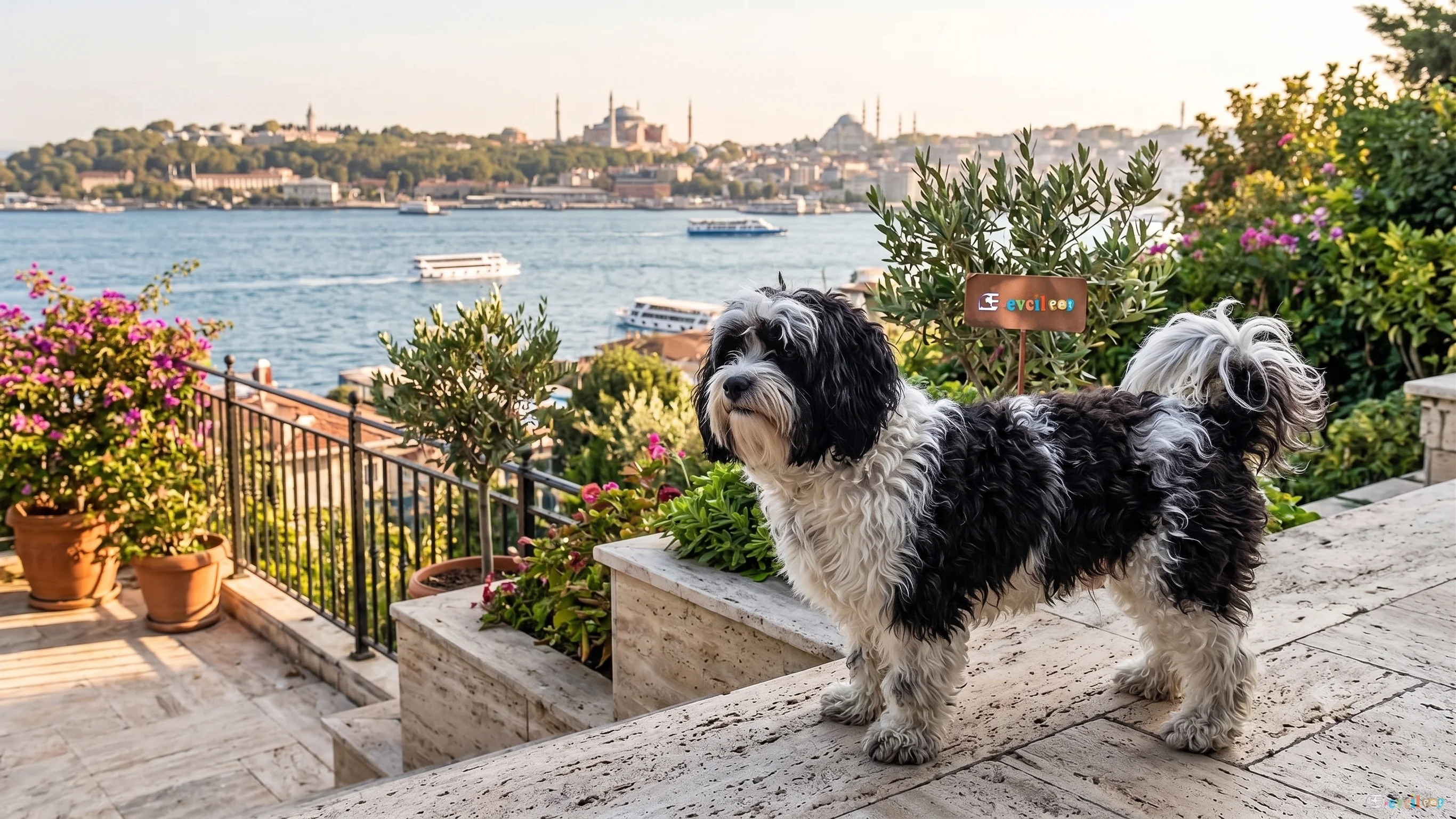 Tarihi İstanbul yarımadası ve boğaz manzarasına karşı terasta duran uzun tüylü, siyah beyaz Rus finosu köpek