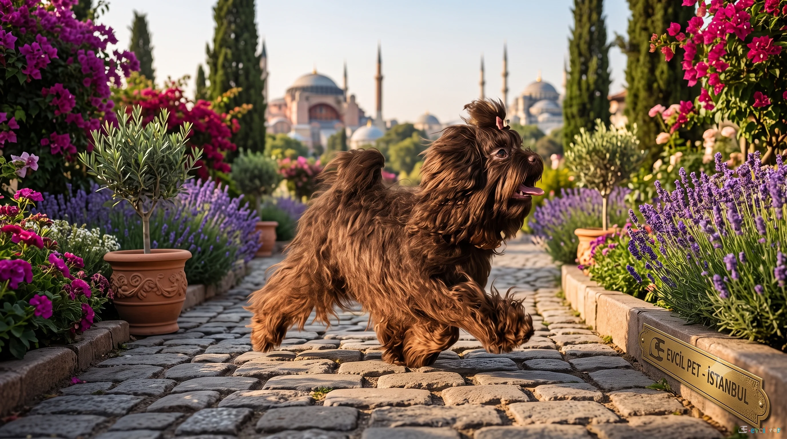 Arka planda tarihi İstanbul manzarası eşliğinde çiçekli bir bahçede koşan sevimli, uzun kahverengi tüylü Rus finosu Bolonka köpek.