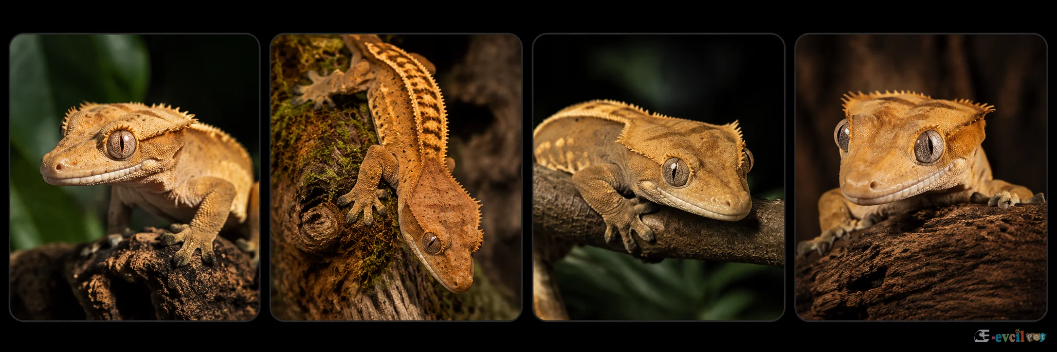 Krested Geko Correlophus ciliatus türünün farklı açılardan gösterildiği dört görselli albüm kolajı