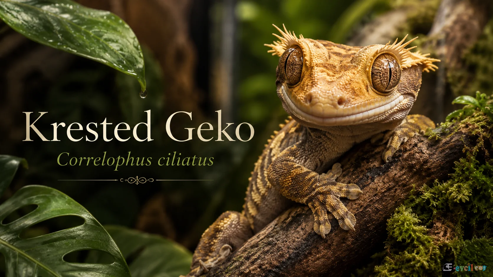 Krested Geko Correlophus ciliatus türünün tropikal teraryum ortamında dal üzerinde yakın plan tanıtım görseli