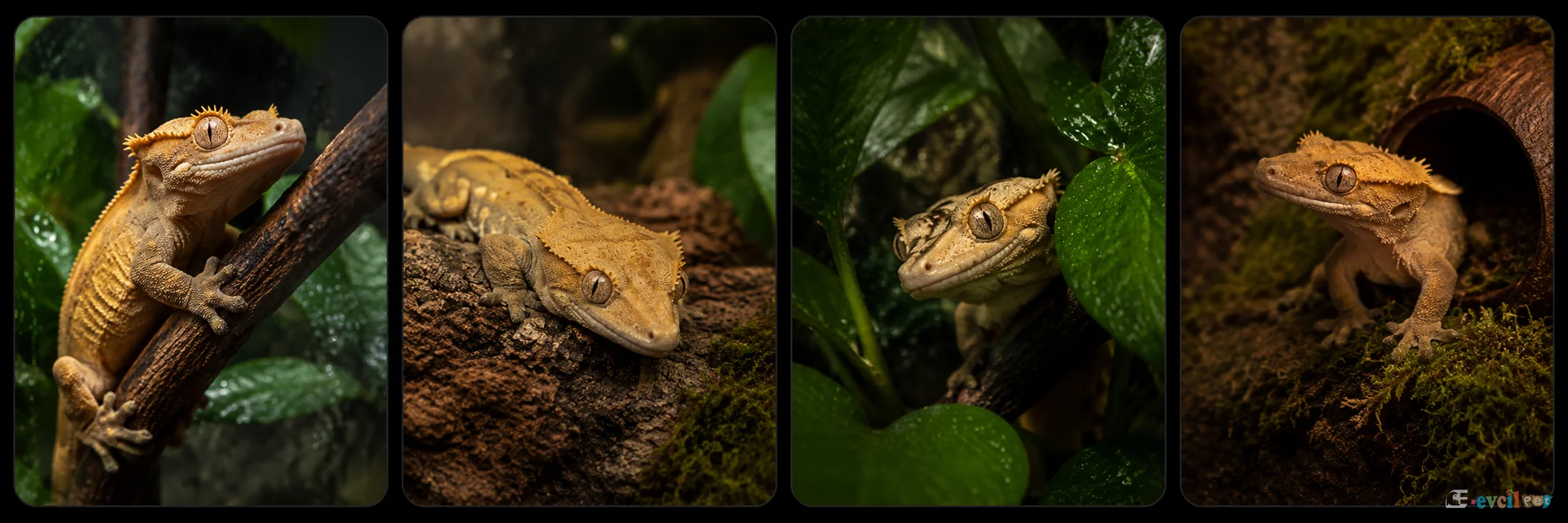 Krested Geko Correlophus ciliatus türünün teraryum içinde dal, yaprak, yosun ve doğal dekorlarla gösterildiği dört görselli galeri kolajı