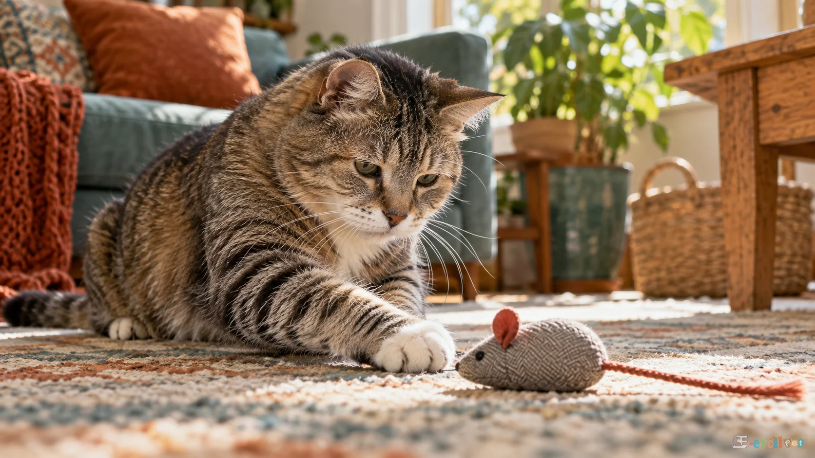 Yerdeki oyuncağa patisiyle uzanan yaşlı kedi