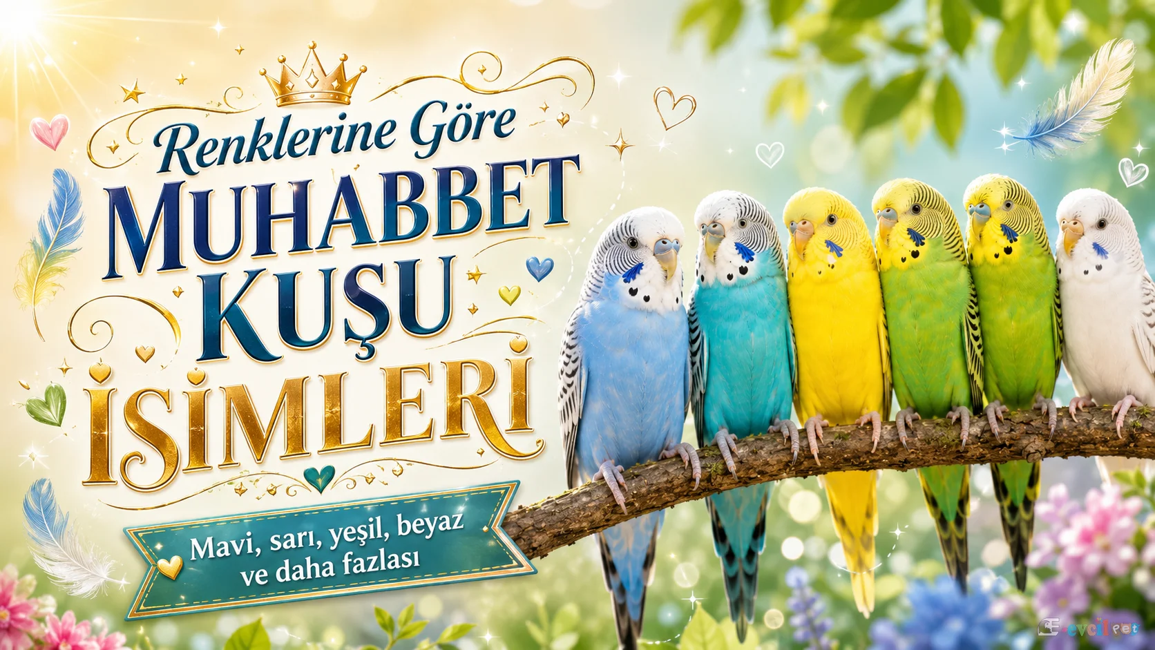 Renklerine göre muhabbet kuşu isimleri için hazırlanmış, mavi, turkuaz, sarı, yeşil ve beyaz tonlarda muhabbet kuşlarının yer aldığı dikkat çekici blog görseli.